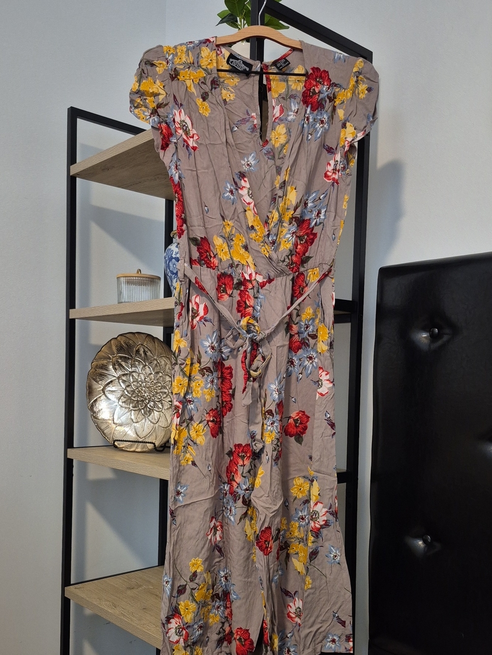 Angie Taupe Floral Wrap Jumpsuit with Red & Yellow Blooms